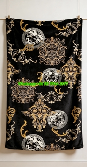 Versace Black Gold White Baroque Medusa Greek Key Print Flannel Sofa Throw Blanket IMG_1429